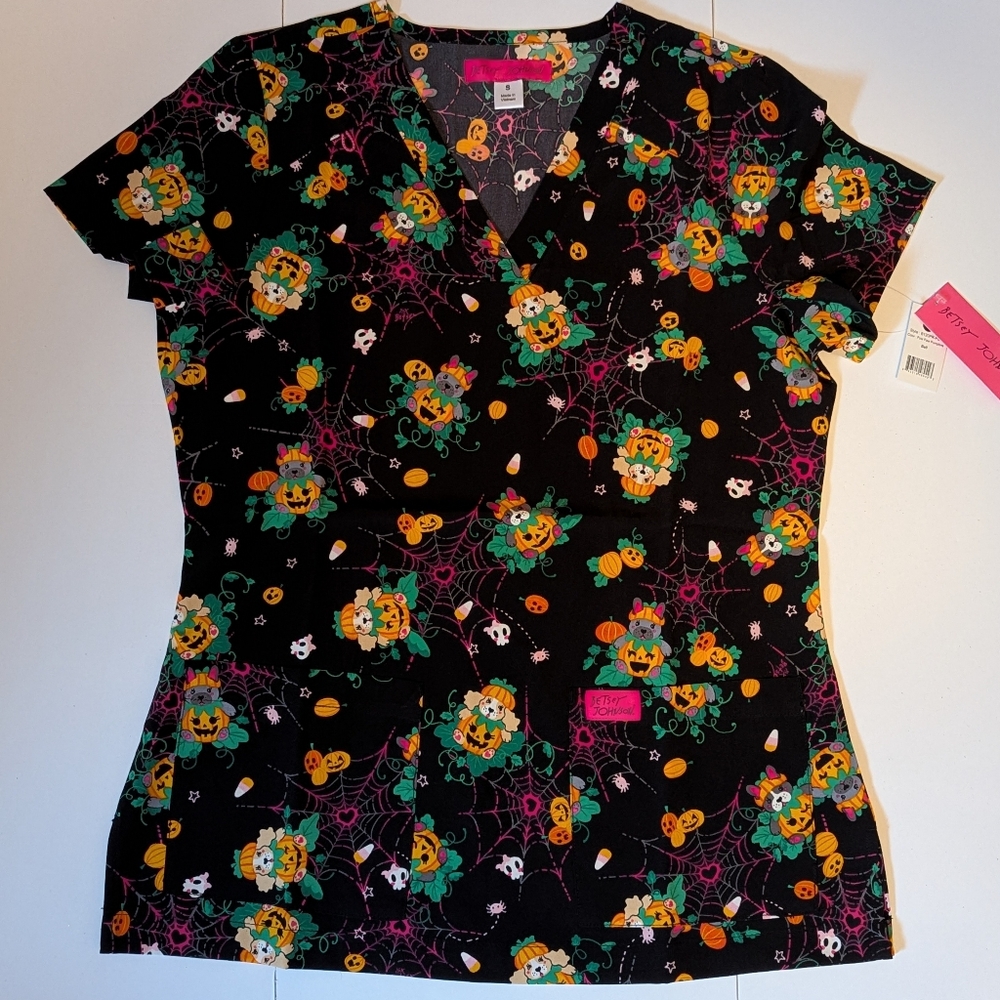NWT Betsey Johnson Halloween Puppy Print Women's Scrub Top
